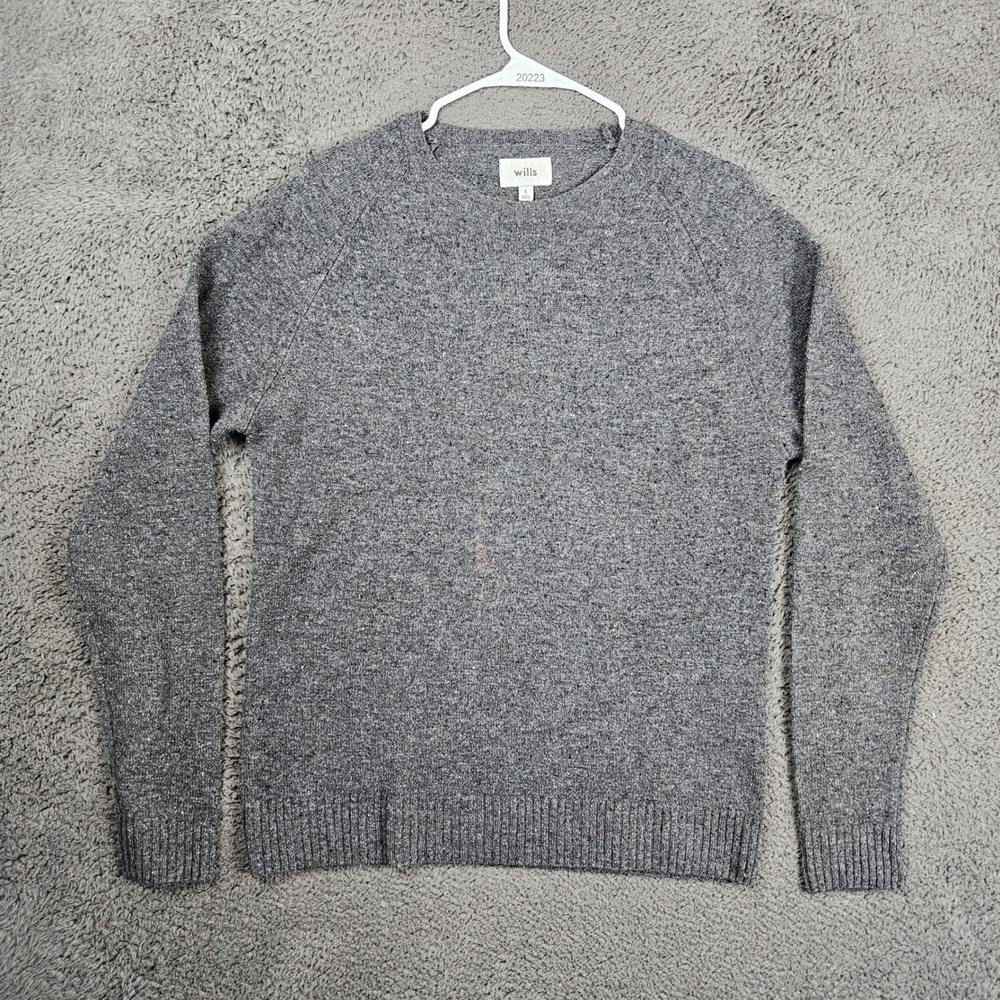 Wills Mens 100% Wool Speckled Knit Crewneck Sweater Gray Large Raglan Sleeve L